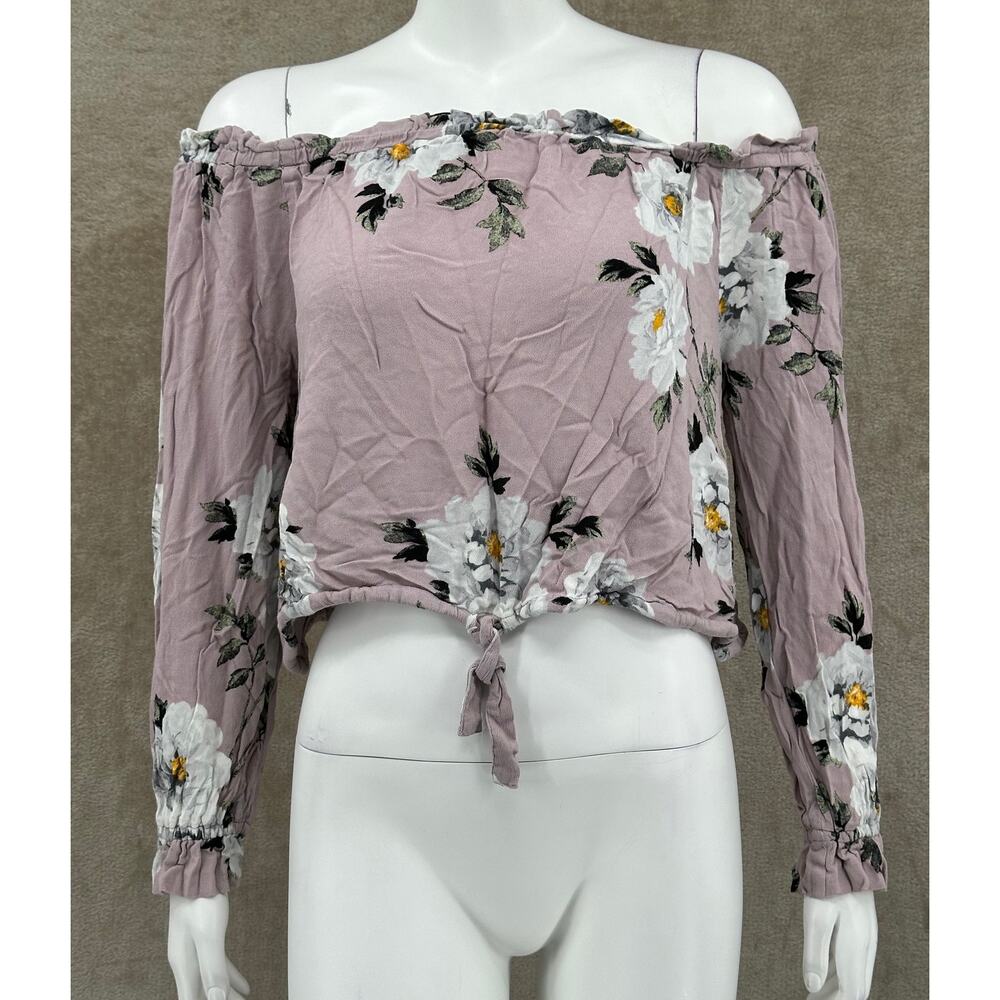Kendall & Kylie Top Womens Large Purple Floral Off the Shoulder Tie Front Boho